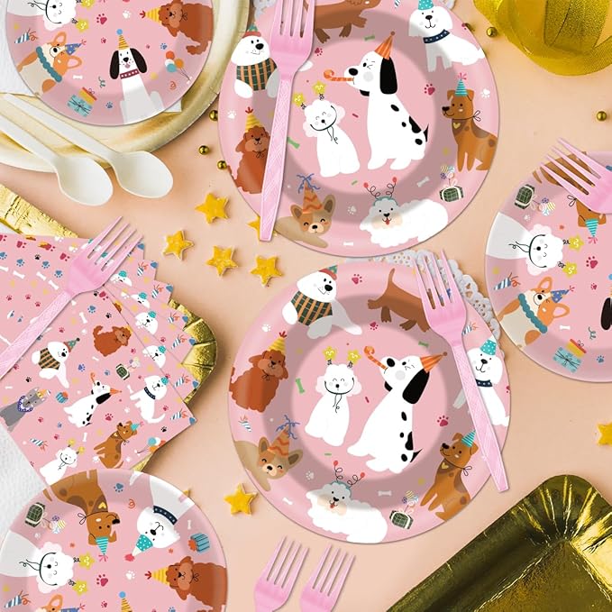 96 Pcs Dog Plates and Napkins Party Supplies, Dog Theme Party Decorations, Pink Puppy Tableware Set Decors Favors Disposable Dinnerware Serve 24 Guests