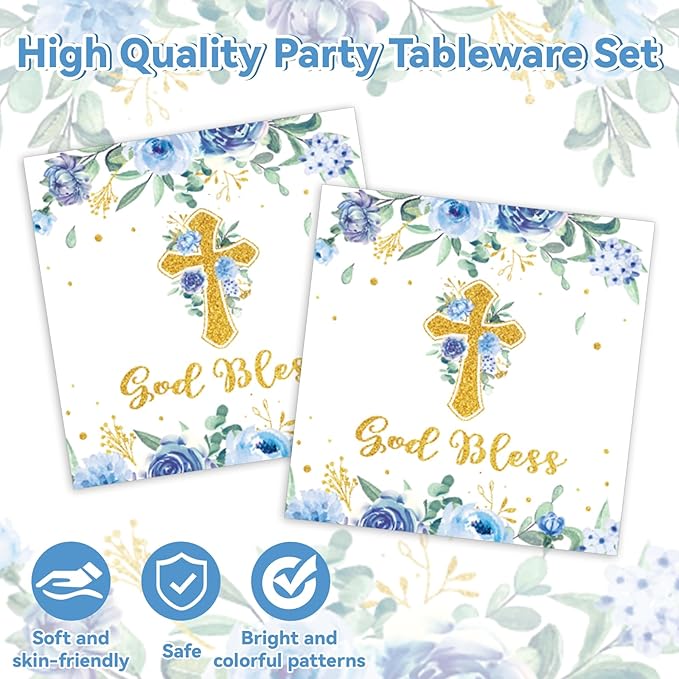 God Bless Baptism Plates and Napkins First Holy Communion Party Tableware Set Christening Ceremony Newborn Dinnerware Cross Blue Floral Plate Fork for Mi Bautizo Baby Shower Decor Supplies Serve 24
