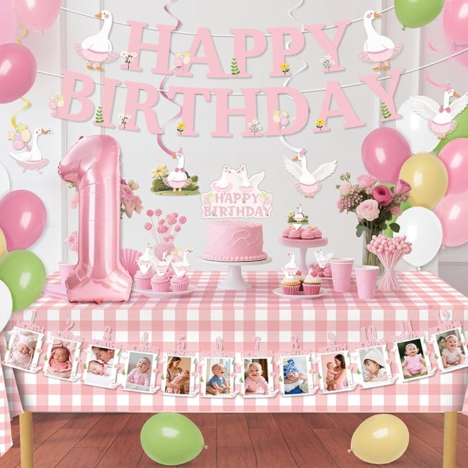 One Silly Goose Birthday Decor 1st Birthday Party Decoration Set For Girls And Boys Pink Bow Silly Goose Decorations With Balloons, Cupcake Toppers, Banner, Tablecloth, Hanging Swirls