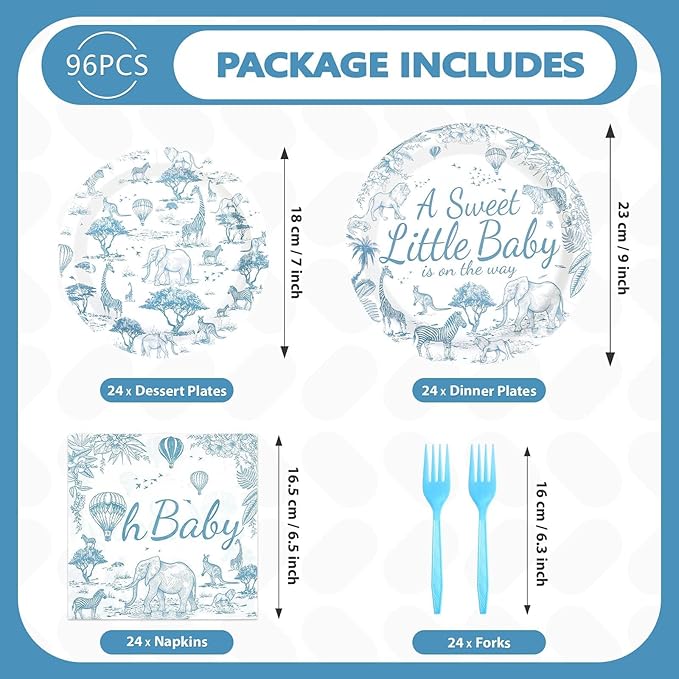 96Pcs Blue Safari Animals Baby Shower Decorations Toile De Jouy Plates and Napkins Baby is on The Way Tableware for Chinoiserie Baby Shower Gender Reveal Party Supplies Serves 24