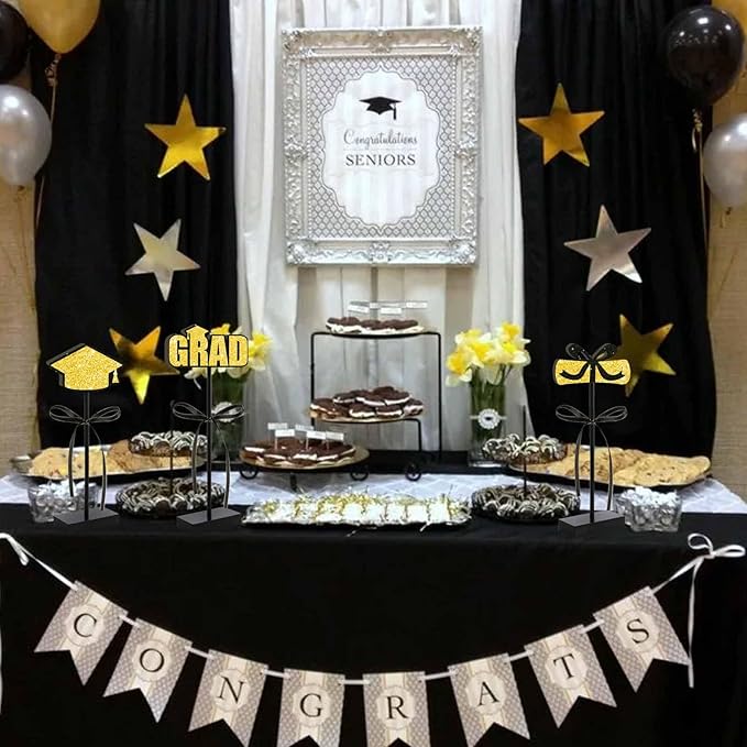 Black Gold Glitter Centerpieces for 2026 Graduation Decorations,Wooden Signs Grad Table Topper,Graduation Table Decorations for Class Of 2026 Party Decor and Party Favor(3 Pcs)