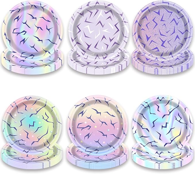 OU RUI 60 Pcs Purple Demon Party Plates Disposable Rainbow Gradient Design Paper Plates for Purple Demon Birthday Party Boys Girls Hunters Theme Supplies
