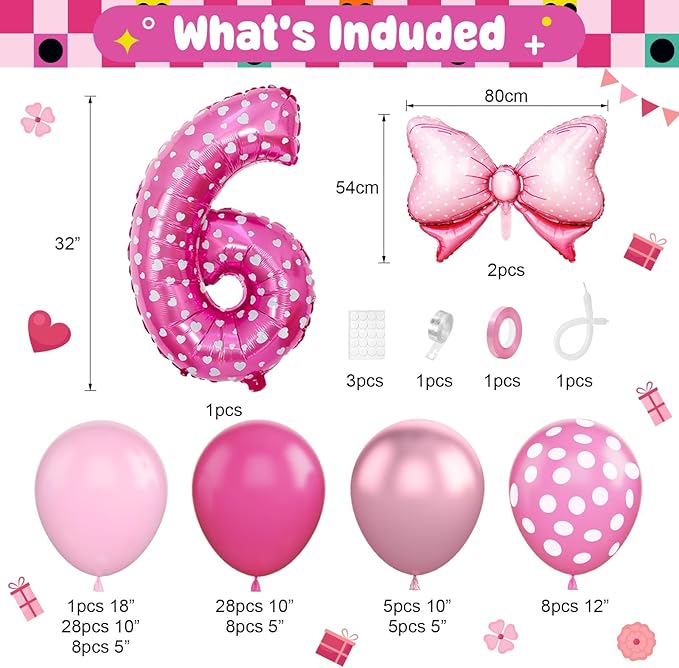Pink 6th Birthday Balloons Decorations, Hot Pink Rose Polka Dots Balloon Arch Kit, Huge Bow Foil Balloons, pink Number 6 Balloon Tower for Baby Shower Girls Princess 6th Theme Party
