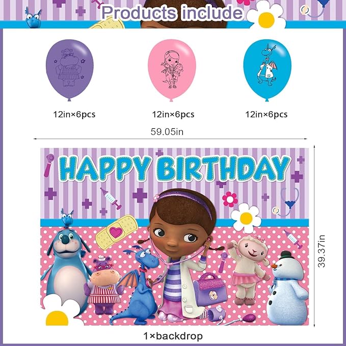 Doc Girls Birthday Party Decoration,Doc McStuffins Party Photo Background 5 x 3 FT and 18 Pcs Balloon,Cartoon Merch Party Backdrop Supplies