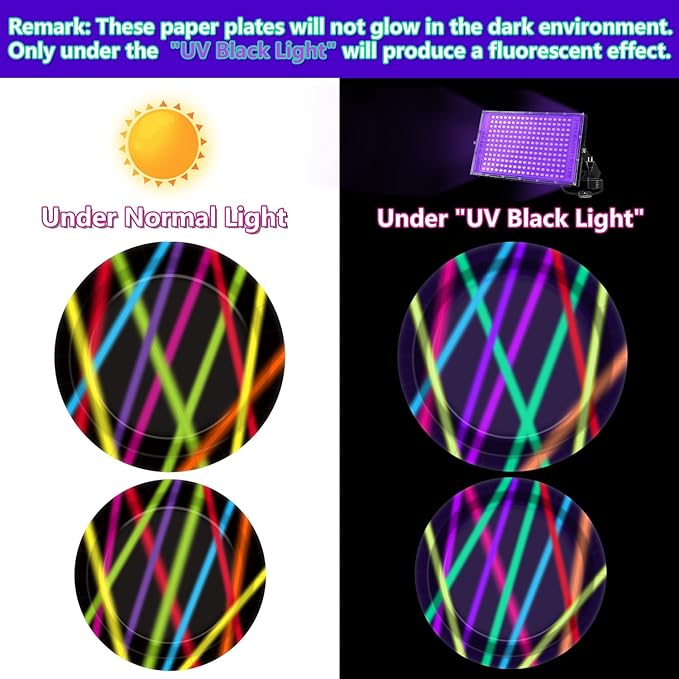 Neon Paper Plates - Glow in the Dark Party Supplies Include 7'' 9'' Printed with Light Beam Plates for Let's Glow Party Decorations, Serves 20