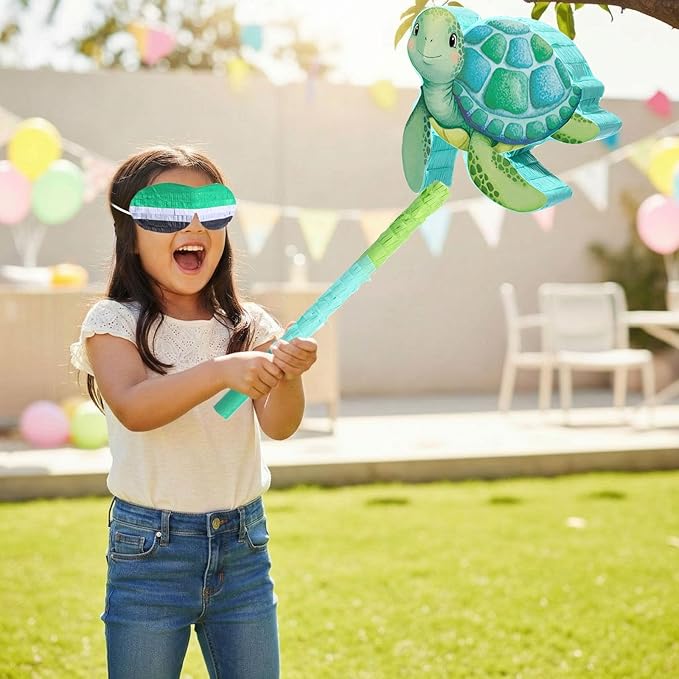 Aoriher Sea Turtle Piñata with Stick Blindfold & Confetti - Birthday Party Favors Decorations for Animal Theme Party Supplies Toys Outdoor Games, 15 x 13 x 3.2 Inch