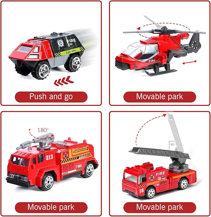 Fire Truck Toy for Boys, 6 Pcs Diecast Car Fire Truck, Helicopter,Ladder Truck, Fire Rescue Vehicle, Car Playsets Birthday Gift for Boys Kids Age 4 5 6 7 8 9 10 11 12