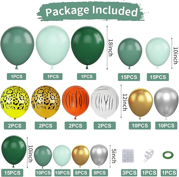 Sage Green Balloon Garland Arch Kit, Sage Green Metallic Gold and Silver Jungle Animal Pattern Latex Balloons for Baby Shower Wedding Birthday Graduation Bachelorette Party Decoration