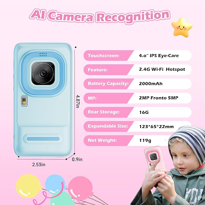 AI Kids Camera for 3–11 Year Old Boys and Girls, AI Learning Digital Video Camera with with Object Recognition, Best Birthday, WiFi Kids Toy Camera 16GB(Blue)