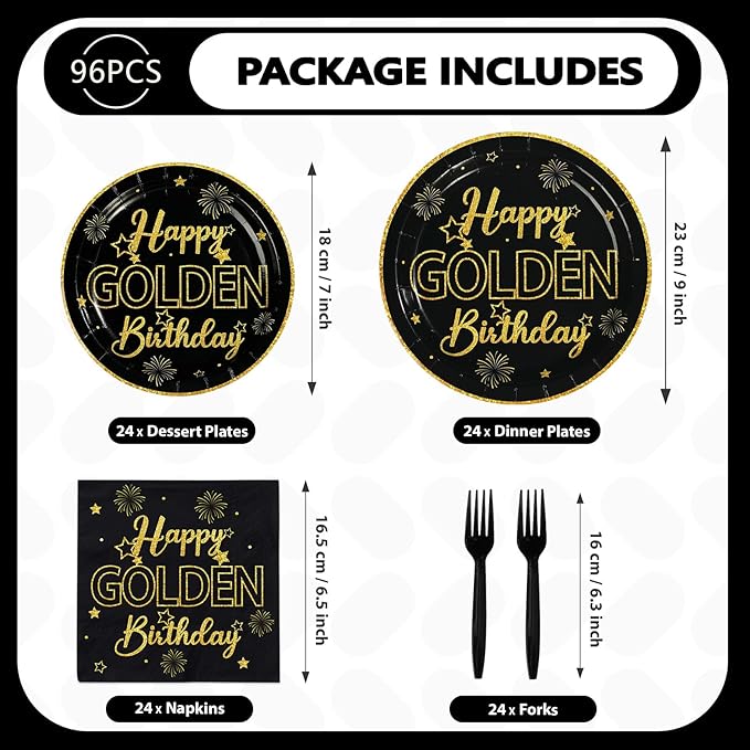 96Pcs Golden Birthday Party Decorations Happy Golden Birthday Paper Plates and Napkins Sets Black and Gold Birthday Decorations for Men Women Bday Party Supplies Serves 24