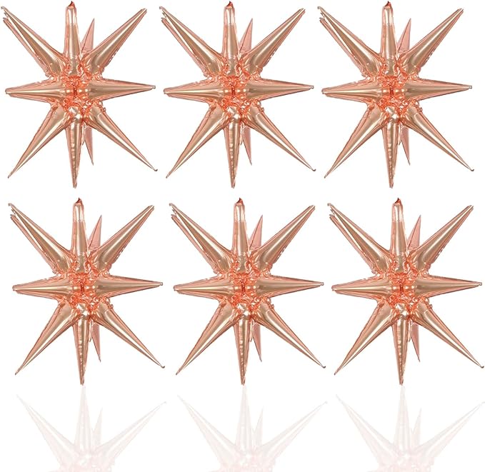 6 Pcs Rose Gold Star Foil Balloons One-Piece 14-Pointed Star Balloon 4D Starburst Cone Mylar Balloon 22inch Christmas Birthday Wedding Wedding Anniversary Party Supplies(Rose Gold)
