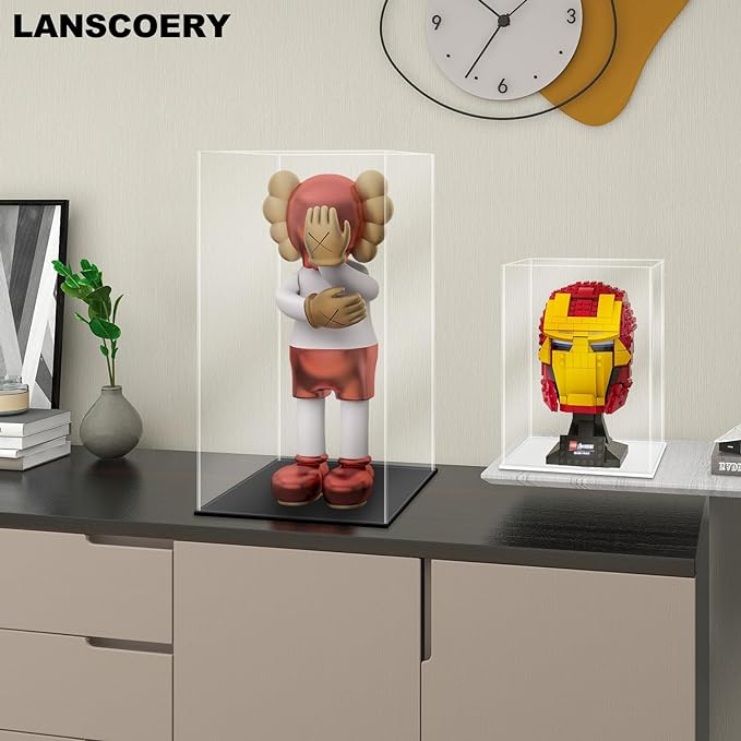 LANSCOERY Acrylic Display Case, Assemble Showcase Display Box for Collectibles, with Dustproof & Seamless Display Design, 13.8x11.8x24 inch Thick Black Base