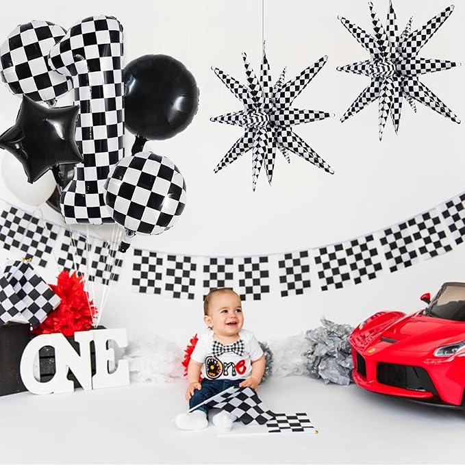 TONIFUL 40 Inch Checkered 1st Birthday Balloons Set Number 1 Race Car Black White Round Explosion Star Boys Race Car Balloons Themed Birthday Party Decoraction