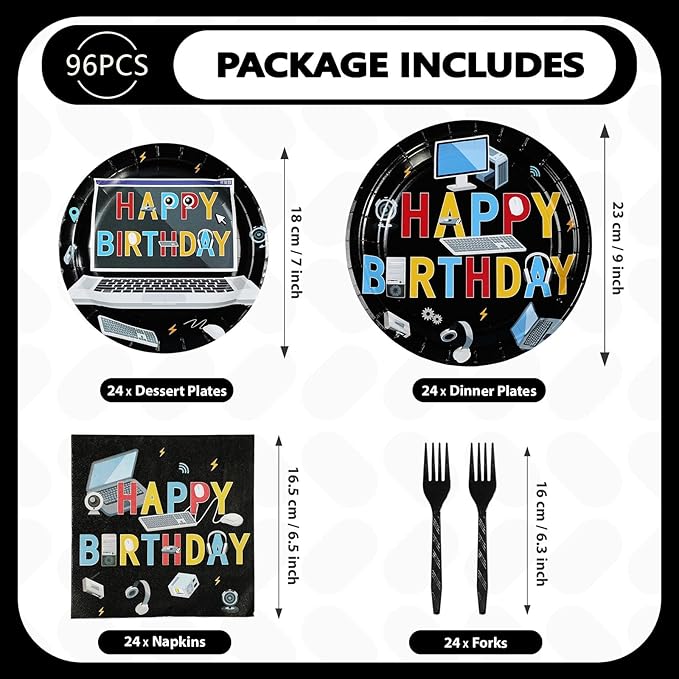 96Pcs Computer Birthday Party Decorations Computer Themed Plates and Napkins Intelligence PC Tableware Set for Boy Girl Birthday Software Engineering IT Party Supplies，Serves 24