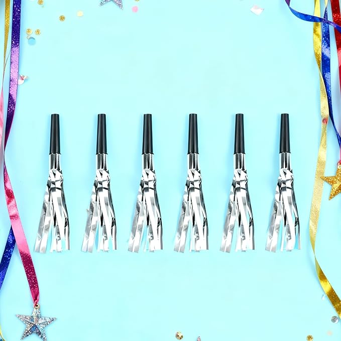 Silver New Years Noise Makers 24 PCS NYE Party Blowers Blowouts New Years Eve Games Favors Supplies Birthday Pep Rally for Adult Prank Graduation Sporting Events Horns Noisemakers Accessories