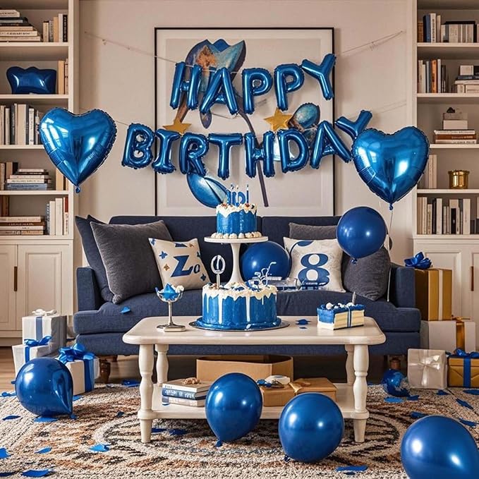 27 Pcs Dark Blue Birthday Decorations, 3D Foil Dark Blue Happy Birthday Balloon Banner, Pentagram Heart Foil Balloons Confetti Balloons Kit For Boys Girls Birthday Party Supplies