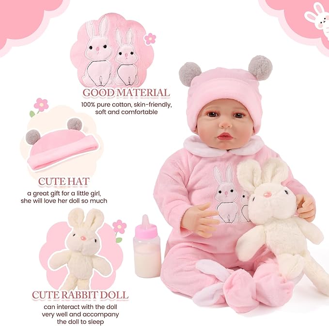 BABESIDE 8 Pcs Reborn Baby Doll Clothes with Bassinet for 17-22 Inch Baby Dolls, Baby Dolls Clothes Doll Accessories Set with Bunny Toy for Realistic Baby Dolls Girl (Not Doll)