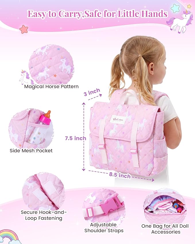 BABESIDE 13PCS Baby Doll Accessories, Baby Doll Diaper Bag with Magic Bottles, Changing Mat,Diapers & Carrier, Pretend Play Doll Care Set for 12-15 Inches Dolls Kids Gift, Pink