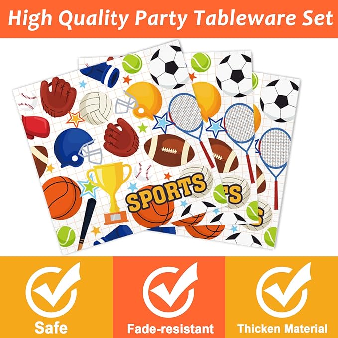 Tevxj 96PCS Sports Birthday Tableware Set Superstar Dinnerware Disposable All Star Birthday Party Plates Napkins Forks for Basketball Baseball Soccer Party Decorations Supplies 24 guests