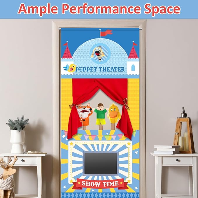 gisgfim Doorway Puppet Theater with 2 Adjustable Rods 31x67 In Blue Red Foldable Hanging Puppet Show Theater for Kids Pretend Play Hand Puppets Educational Kids Activities Toys Easy to Set Up Put Away