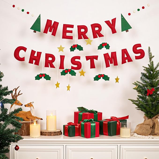 Merry Christmas Banner with Red Berries And Leaves,Christmas Banner Decoration with Gold Stars,Xmas Bunting Garland Felt Party Supplies For Wall,Fireplace Mantel,Window.