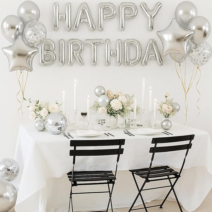 29PC Silver Happy Birthday Balloon Banner, 16 Inch 3D Aluminum Letter Banner Sign, Metallic Silver Pearl Latex Balloons 18 Inch Star Heart Foil Balloons for Women, Men Party Decorations