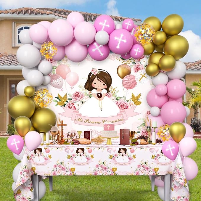 Mi Primera Comunión Decorations for Girls, 90 Pcs Baptism Theme Balloons Mi Primera Comunión Pink Backdrop First Holy Communion Decorations God Bless Baptism Theme Party Supplies
