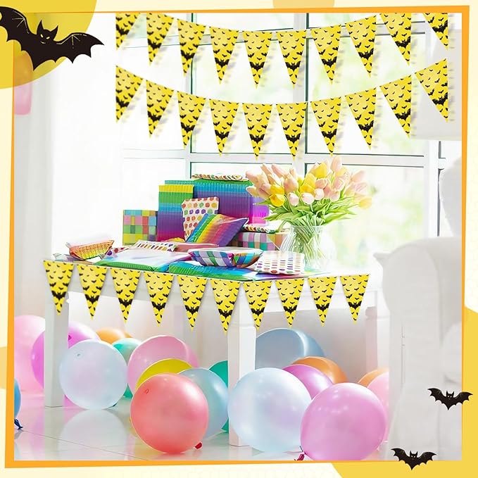 5 Pcs Bat Birthday Pennant Banner Decorations Pre Strung Bat Flag Banner Hero Party Supplies Decorative Yellow and Black Photo Booth Backdrop for Birthday Party Decor