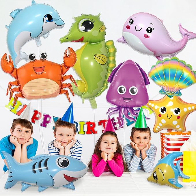 9 Pcs Sea Animal Balloons, Under The Sea Decorations, Creature Shark Dolphin Whale Fish Crayfish Octopus Ocean Foil Balloons, Under The for Ocean Theme Party Decorations