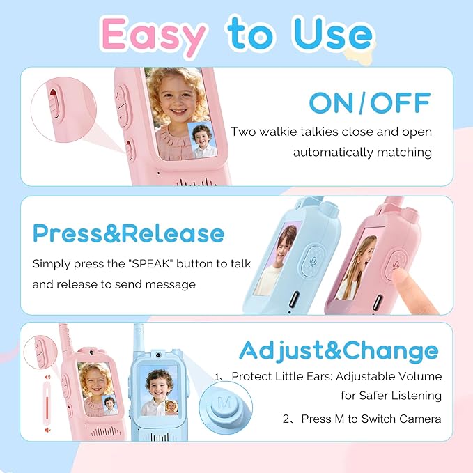 Video Walkie Talkies for Kids 2 Pack Rechargeable, Kids Walkie Talkies Long Range with screen & Voice Changer - Indoor/Outdoor Camping Toys, Great Christmas Birthday Gifts for 3-12 Year Boys and Girls