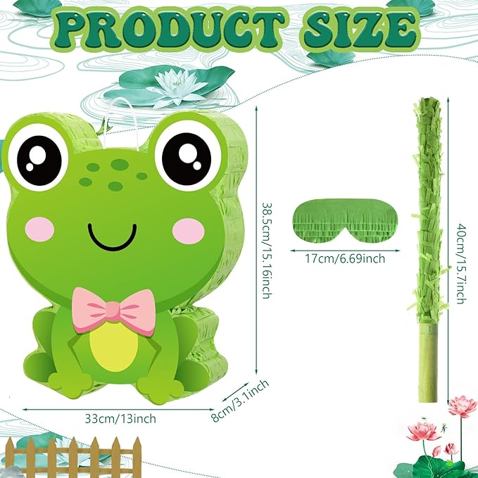 Aoriher Frog Piñata with Stick Blindfold & Confetti - Birthday Party Favors Decorations for Animal Theme Party Supplies Toys Outdoor Games, 15 x 13 x 3.2 Inch