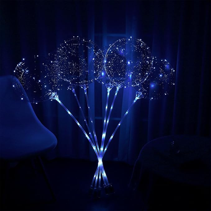 LED Balloons Light Up, 10 Pack LED Balloons with Sticks, 20 Inch Clear Bobo Balloon with Lights Helium Glow Bubble Lights for Party Supplies Valentines Decor (Blue)
