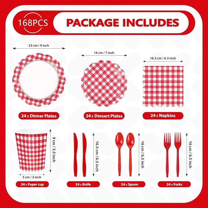 168 Pcs Red and White Gingham Party Supplies Red and White Plaid Checkered Scalloped Party Plates and Cups and Napkins Sets for Wedding, Bridal&Baby Shower, Birthday, Picnic Party Supplies Serves 24