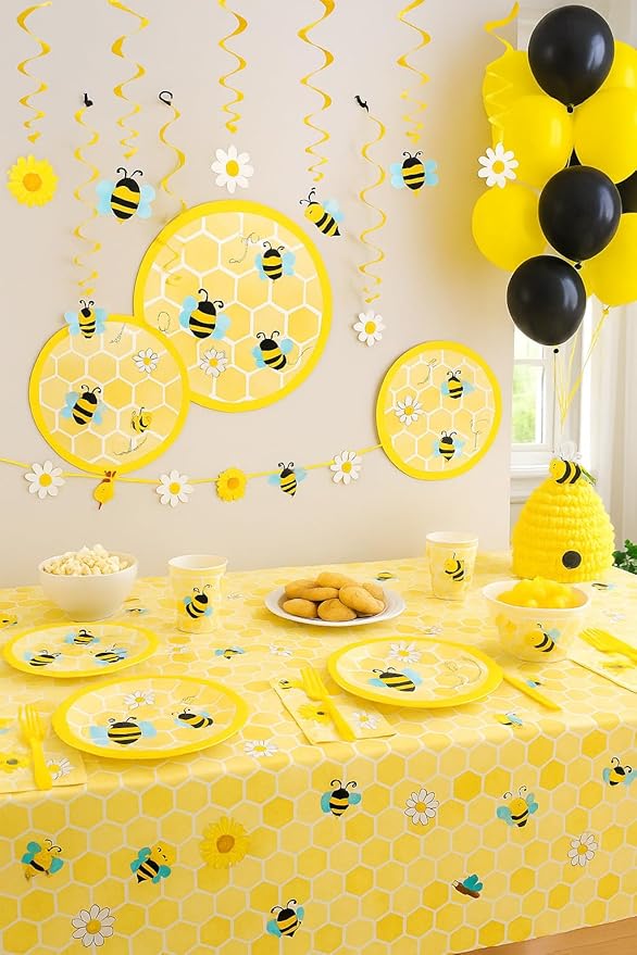 Serves 24 Ultimate Bumble Bee Party Supplies Includes Plates,Napkins,Table Covers,Balloons, Banner, Swirls, Centerpiece, Ideal for Birthday, Baby Shower, Bee Theme Party Decor