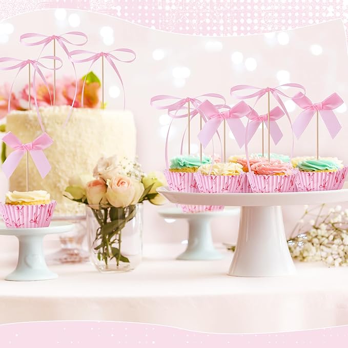 81 Pcs Pink Bow Cupcake Liners Set 50 Pink Bow Cupcake Liners and 31 Bowknot Ribbons Cake Toppers Coquette Birthday Cake Decorations for Bachelorette Bridal Baby Shower Birthday Wedding Party Supplies