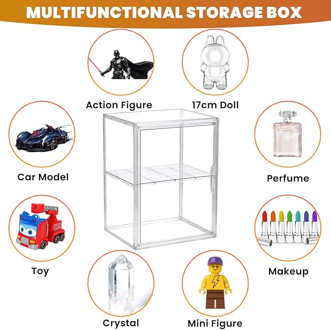 2 Pack Acrylic Display Case Compatible with Labubu POP MART, Clear Hobby Figure Display Case with Magnetic Door Stackable Storage Box Shelf Showcase for Funko Pop MART Labubu Doll Collectibles, Large