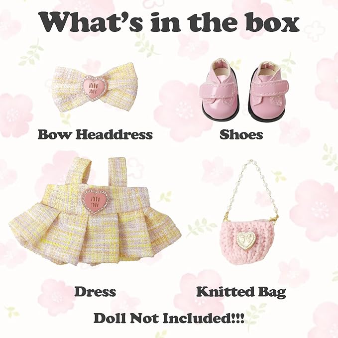 Clothes Compatible with Labubu Doll - 4PCS Classic Set, 17cm Doll Clothes Designer Outfit for Chic Daily Style, Cute Stylish Accessories, No Doll (Blush Tweed Chic)
