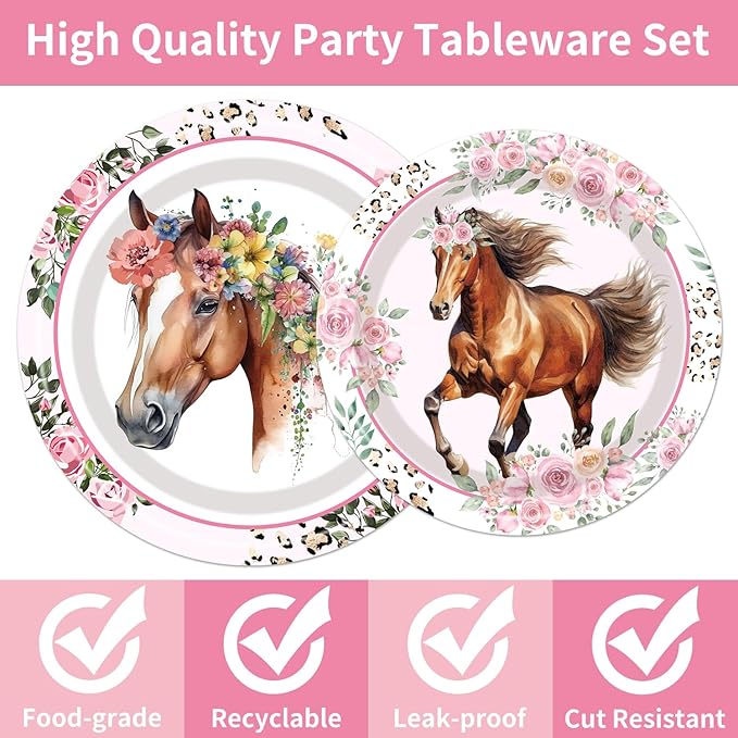Horse Birthday Party Supplies Tableware - 96 Pcs Cowgirl Birthday Party Decorations, Horse Themed Party Paper Plates and Napkins Sets with Forks, Western Baby Shower Disposable Dinnerware, Serves 24