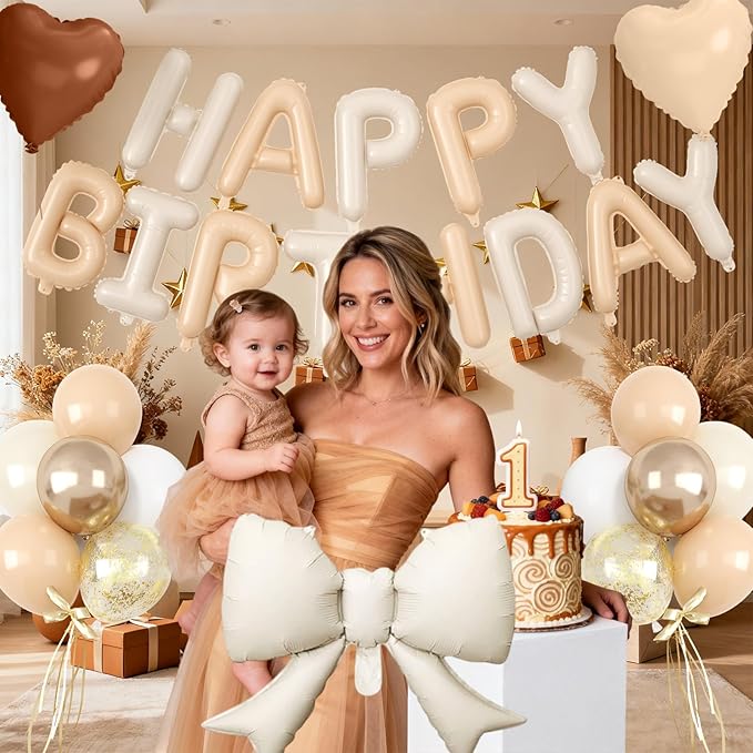 29PC Heart Bow Cream Happy Birthday Balloon Banner, 16Inch 3D Aluminum Letter Banner Sign, Apricot Brown Sand White Gold Confetti Balloons 18 Inch Apricot Foil Balloons for Bow Decorations