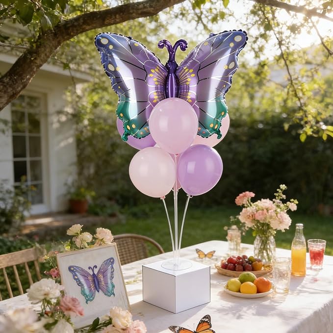 Butterfly Party Balloons Stand Kit 2 Sets With 2 Purple Gradient Butterflies Foil Balloons Centerpieces for Tables Butterfly Themed Party Balloon for Baby Shower Butterflies Theme Birthday Decorations