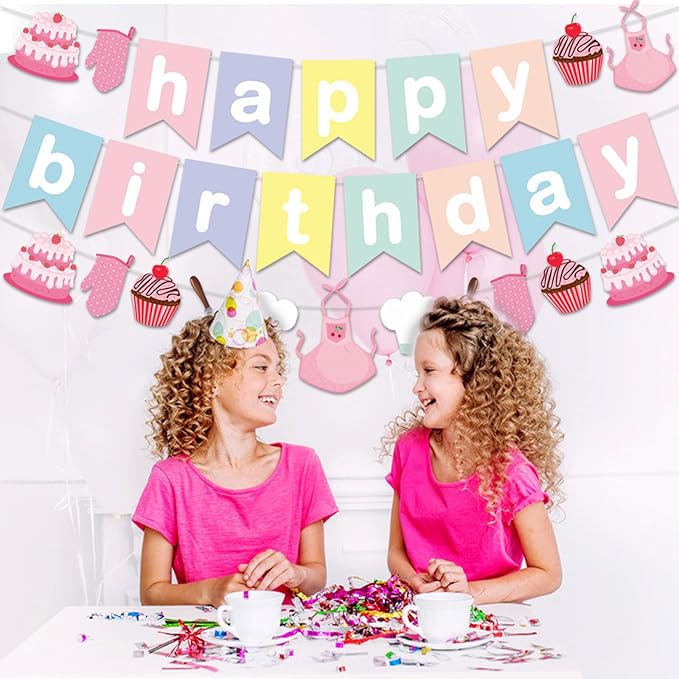 Zwiebeco Baking Happy Birthday Party Decoration Colorful Pink Banner Hanging Paper Garland Bunting Sign for Kids Girls Bake Themed Accessories Supplies