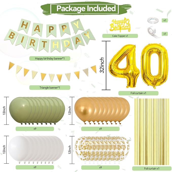 40th Birthday Decorations for Men Women, green gold Happy Birthday Party Decorations With gold Number 40 Balloons sage green Gold Confetti Balloons Fringe Curtain Cake Topper For 40th Party Supplies