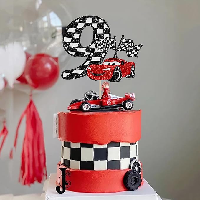 Gyufise 1Pc Race Car 9th Cake Topper Glitter 9th Racing Car Birthday Cake Topper Decoration for Racing Car Checkered Flag Themed Girl Boy 9 Years Birthday Party Supplies