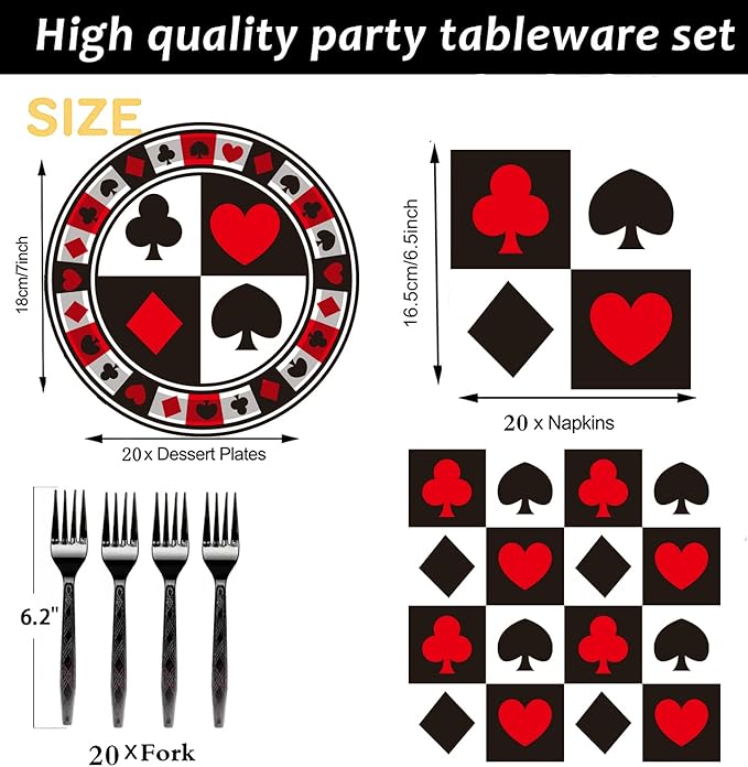 60Pcs Casino Party Supplies Poker Tableware Set 7"Poker Paper Plates and Casino Napkins Fork for Casino Night Poker Game Themed Poker Card Playing Club Heart Casino Birthday Party Decorations(Serve20)