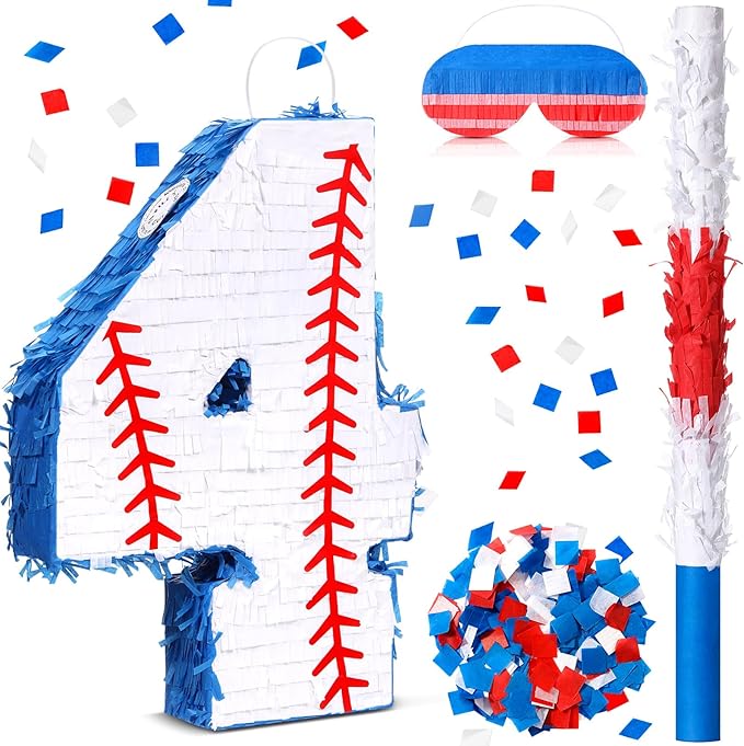 HyDren Baseball Piñata Baseball Party Decorations Number Piñata with Bat, Blindfold and Confetti, 16 Inch Sports Themed Birthday Party Supplies for Celebration Events(Number 4)