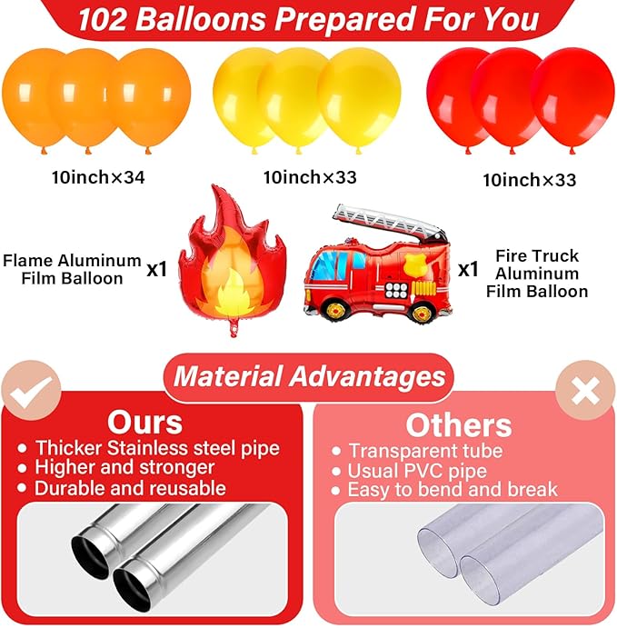 2 Sets Fire Party Balloon Column Stand Kit With 102 Fire Truck Foil Balloons 5.57Ft Adjustable Balloon Tower Stand With Base Adjustable Arch Column for Firefighter Rescue Birthday Party Supplies