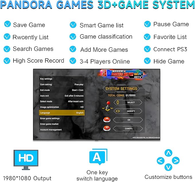 Pandora Box Arcade, 29800 Games in 1 Arcade Game Console, 1280x720 Full HD Retro Gaming Machine for PC & Projector & TV 2-4 Players 3D Games Favorite List Save/Search/Hide/Pause/Delete Game