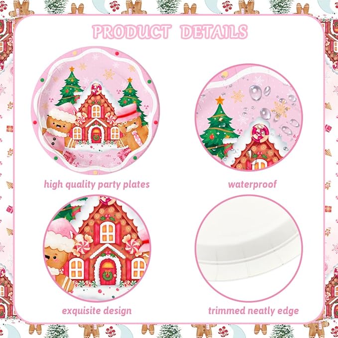 194 Pcs Christmas Party Supplies Decorations Pink Gingerbread Party Decorations Gingerbread House Cookie Christmas Disposable Tableware Set with Plates Napkins and Tablecloth Serves 24 Guests