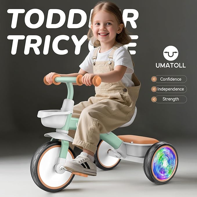 Umatoll Toddler Tricycle for 18 Month to 4 Year Old Boys Girls,Toddler Bike Toys with Adjustable Seat&Light-Up Wheels,Birthday Gift for Age 2-3 (Green)