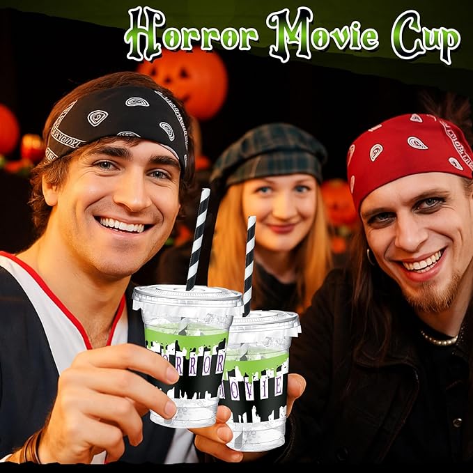 Domensi 50 Pcs Halloween Black and White Juice Classic Horror Party Plastic Cup 12 oz Scary Disposable Plastic Cups with Lids and Straws Thick Clear Horror Movie Party Table Decoration Supplies